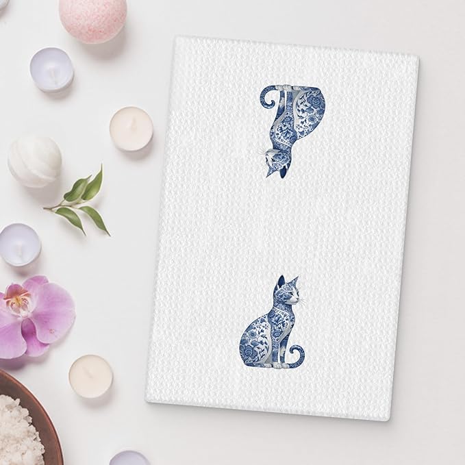 Blue and White Chinoiserie Floral Cat Kitchen Towel, Vintage Floral Cat Hand Towel Dish Towel, Kitten Women Mom Lady Gifts, 16x24 Inch