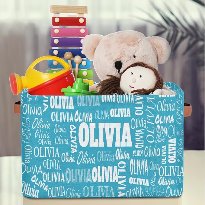 Custom Storage Baskets Named, Personalized Storage Bins Basket Boxes PU Leather Handles for Clothes Bedroom Closet Organizing Toys Books Shelves, Sky Blue Solid Color