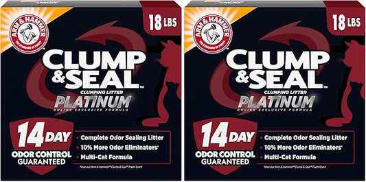 ARM & HAMMER Clump & Seal Platinum Multi-Cat Complete Odor Sealing Clumping Cat Litter, 14 Days of Odor Control, 18 lb X 2 Pack (36 lbs)