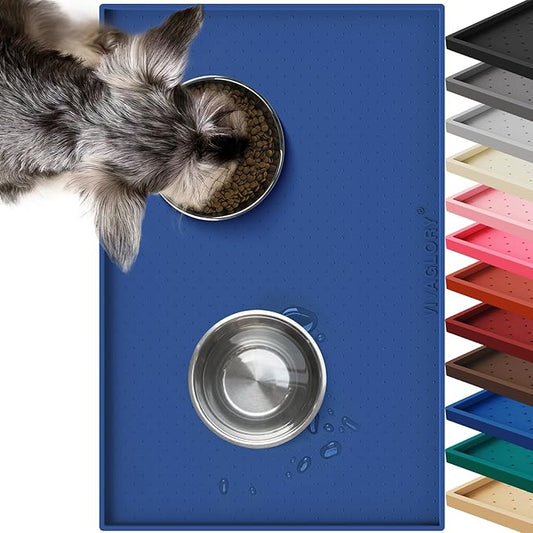 VIVAGLORY Dog Bowl Mat Grippymat Pet Food Mat, Waterproof Washable Nonslip Silicone for Pet & Cat, Food and Water Placemat with Lip & Raised Edges for Indoor Floor, S, Navy Blue