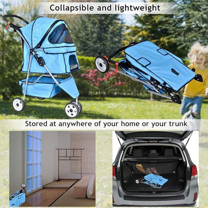 Dkeli 3-Wheel Pet Stroller, Lightweight Foldable Dog Stroller for Small Medium Dogs & Cats, Breathable Mesh & Weather Cover with Storage Basket, for Daily Walk Outdoor Travel (Blue)