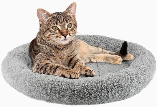 PETLESO Cat Bed Mat for Indoor Cats, 15.75" Round Pad with Pillow Around, Self Warm Pet Bed for Cats Dogs Rabbit Curling Sleep/Nap, Antiskid Bottom, Washable, Medium