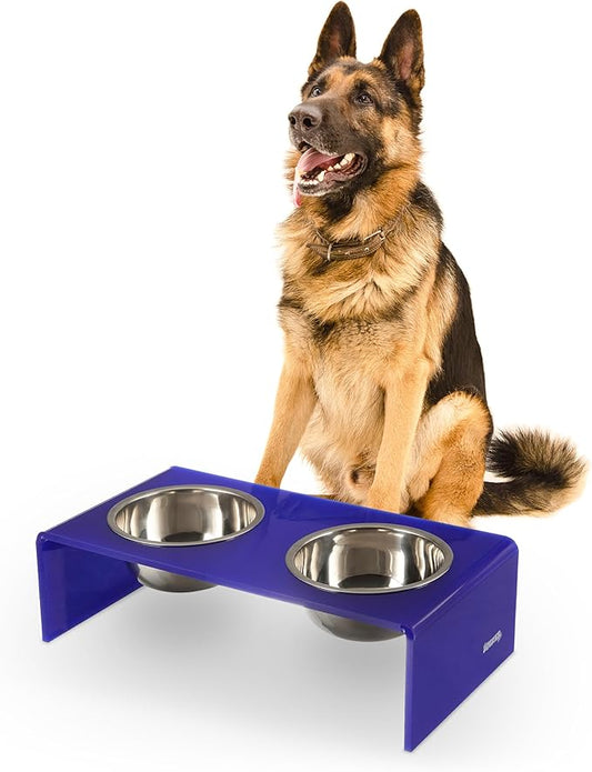 The LICKER Store DBL2001F Keaton 7.5" Medium/Large Modern Acrylic Rectangular Elevated Pet Feeder with 54oz 2-Stainless Steel Bowls, Purple/Chrome