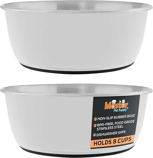 Master Pet Supply Stainless Steel Dog Bowls Set of 2 (64 Oz Each) with Non-Slip Rubber Base - Bone White - Basic Dog Food Bowl Water & Food Bowls for Small Medium Large Dogs & Cats, Metal Dish