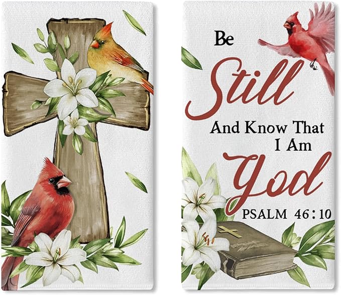 Christian Cardinal Kitchen Dish Towels Set of 2, Religious Cross Red Birds Drying Hand Towel Baking Cooking Cloth, Lily Flowers Holy Bible Home Decoration 18 x 26 Inches