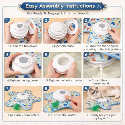 Rotating Interactive Cat Toys with Squeaker for Interactive Playing, Anxiety Relief Boredom Rechargeable Automatic Moving Concealed Feathers Toys Touch Activated for Indoor Adult Cats and Kittens