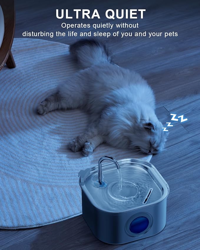 Cat Water Fountain, 3.2L/108oz Stainless Steel Pet Water Fountain, cat Fountain with Super Quiet &Transparent Window Design- Water Fountains for Cats Indoor