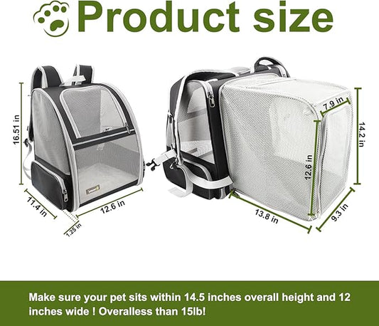 Texsens Cat Backpack - Expandable Pet Carrier for Medium Cats and Small Dogs up to 17 lbs - Breathable, Collapsible & Soft Cat Travel Bag for Outdoor Hiking (Black)