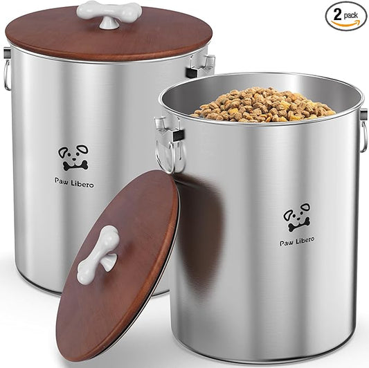 2PK 25 Lbs total 50 Lbs Stainless Steel Dog Food Storage Container with Airtight Wooden Lid & Ceramic Bone Handle, Large Metal Dog Food Bin for Dogs & Cats