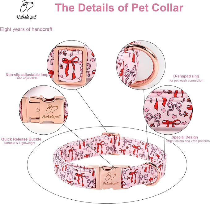 Pink Dog Collar for Female Medium Dogs - Cute Bow Pattern Girl Dog Collar for Spring Summer, Adjustable Heavy Duty Pet Valentines Collars with Metal Buckle M