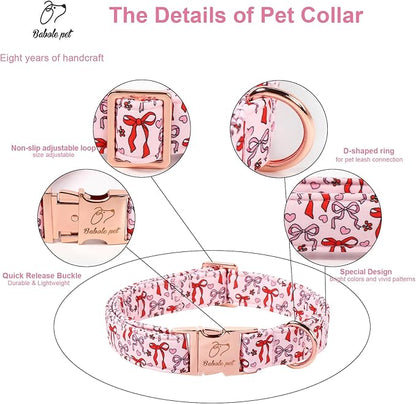 Pink Dog Collar for Female Large Dogs - Cute Bow Pattern Girl Dog Collar for Spring Summer, Adjustable Heavy Duty Pet Valentines Collars with Metal Buckle L