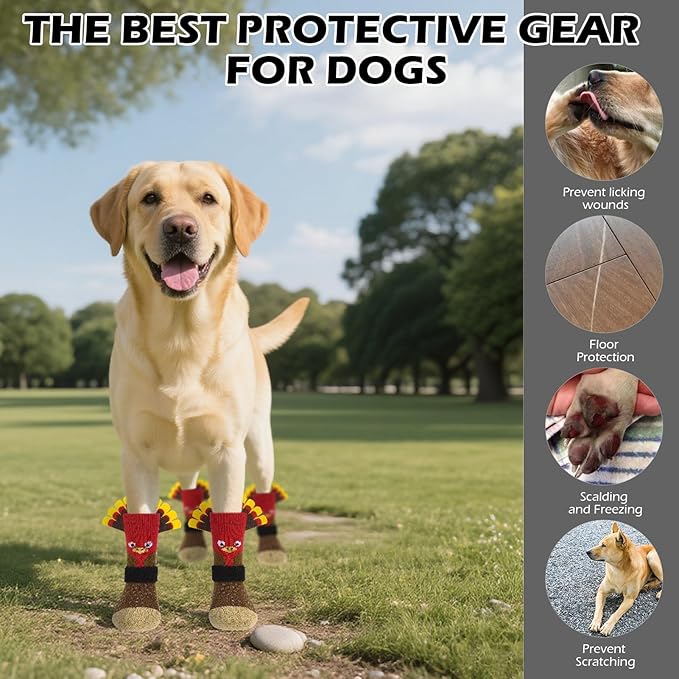 EXPAWLORER Thanksgiving Anti Slip Dog Socks to Prevent Licking Paws,Boots & Paw Protectors with Grippers,Doggie Booties for Hardwood Floors for Small Medium Large Senior Dogs Lifelike Costume Turkey M