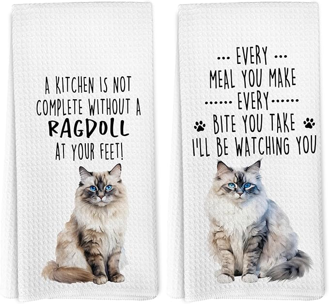 Funny Ragdoll Cat Kitchen Towels, Ragdoll Cat Mom Lady Lovers Gifts for Women Hand Towels, Gifts for Pet Lovers Dishcloths Dish Towel for Kitchen 16x24 Inches Set of 2