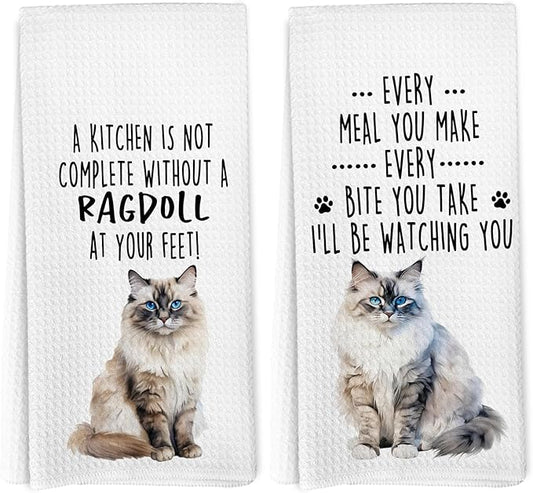 Funny Ragdoll Cat Kitchen Towels, Ragdoll Cat Mom Lady Lovers Gifts for Women Hand Towels, Gifts for Pet Lovers Dishcloths Dish Towel for Kitchen 16x24 Inches Set of 2