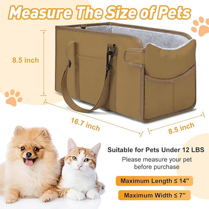 Portable Dog Car Seat for Small Dogs - Adjustable Safety Leash, Washable Cushion & Storage Pocket - Pet Booster Seat for Car Travel- Khaki