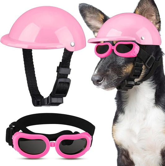 Frienda Dog Helmet and Goggles, UV Protection Doggy Sunglasses and 4 Inch Padded Puppy Motorcycle Helmet Adorable Dog Goggles with Adjustable Belt for Small Dogs Puppy Riding(Pink,L)