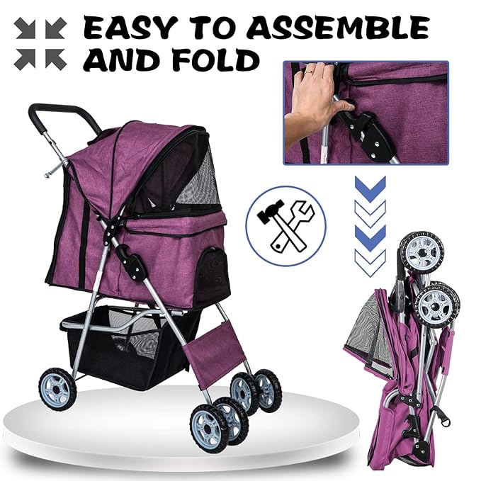 Dog Stroller for Small Dogs,Pet Stroller Strolling Cart 4 Wheels Folding Pet Gear Lightweight Waterproof with Storage Basket for Puppy Small Medium Dogs Cats for Travel,Purple