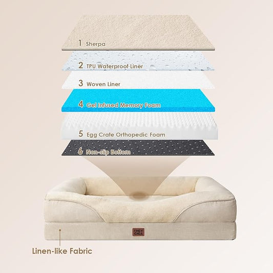 EHEYCIGA Orthopedic XXL Dog Bed for Large Sized Dog, 52x41x8 Inch Extra Large Memory Foam Dog Couch Bed with Sides, Waterproof Liner & Washable Removable Cover, Bolster Pet Sofa, Beige