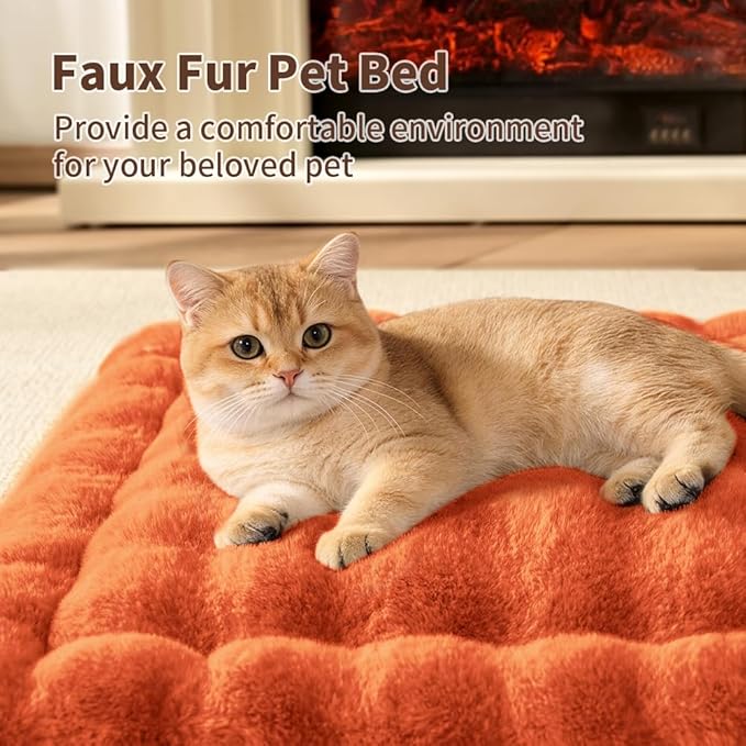 Cat Bed Mat, Soft Plush Faux Fur Kneading Pet Bed, Machine Washable Cat Sleeping Pad for Indoor Cats & Kittens, Non-Slip Fluffy Cat Rug for Couch Sofa Floor, 23x15 Inch Orange
