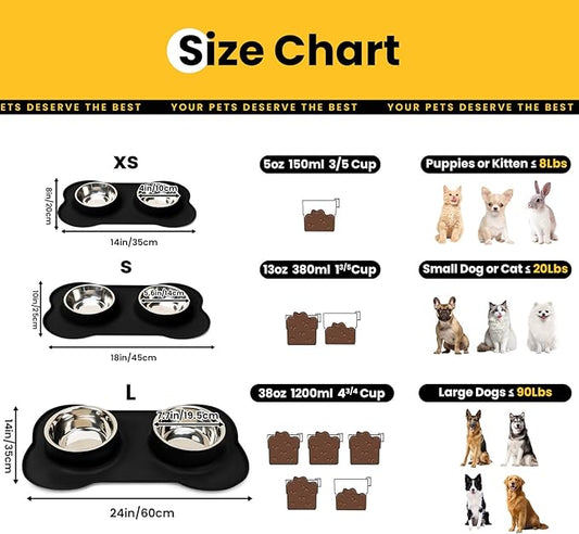 Stainless Steel Dog Bowls with Non-Slip Silicone Mat, Spill Proof Food & Water Bowls Set, Easy Clean Puppy Food Dish, Dishwasher Safe, Suitable for Dogs Cats Pet Under 20lbs, Small, Black