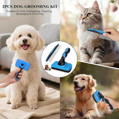 2PCS Self Cleaning Slicker Brush & Dog Comb - Skin Friendly Deshedding Grooming Tool for Dogs, Cats and Small Animals, Professional Deshedding Dematting Tool for Long and Short Haired Pets ((Blue2))