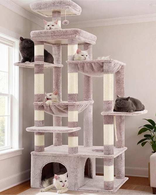 Heybly Cat Tree, 71-Inch Tall Cat Tower for Large Maine Coon Cats with Extra-Large Baseboard, Cat Condo Furniture with Multi-Level Platforms, 2 Hammocks and 12 Scratching Posts, Muchroom HCT037MU