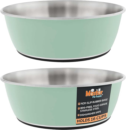 Master Pet Supply Stainless Steel Dog Bowls Set of 2 (128 Oz Each) with Non-Slip Rubber Base - Pistachio - Basic Dog Food Bowl Water & Food Bowls for Small Medium Large Dogs & Cats, Metal Dish
