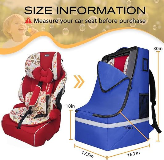 LARIPOP Car Seat Travel Bag for Airplane Gate Check Approved, Padded Backpack with Adjustable Straps, Reflective Strips & Protective Feet for Infant Convertible Booster Seats, Blue