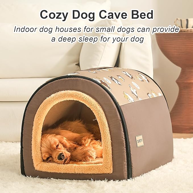 Jiupety Indoor Dog House, 2 in 1 Portable Foldable House Bed with Cover, Pet Tent & Cave Bed for Small Medium Dog, L(21"×17"×15"), Up to 16 Lb, Brown