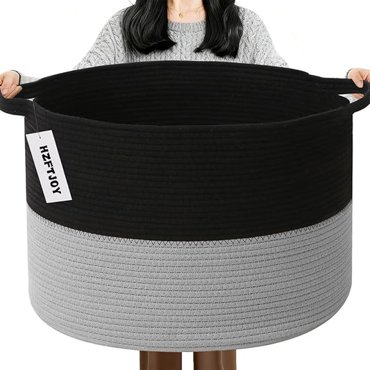 65L Large Blanket Basket,19.7"L x 19.7"W x 13"H Rope Woven Baskets with Handles, Toys Storage Bins,Laundry Basket Perfect for Living Room, Nursery,Bedroom,Home Organization,Black&Light Grey