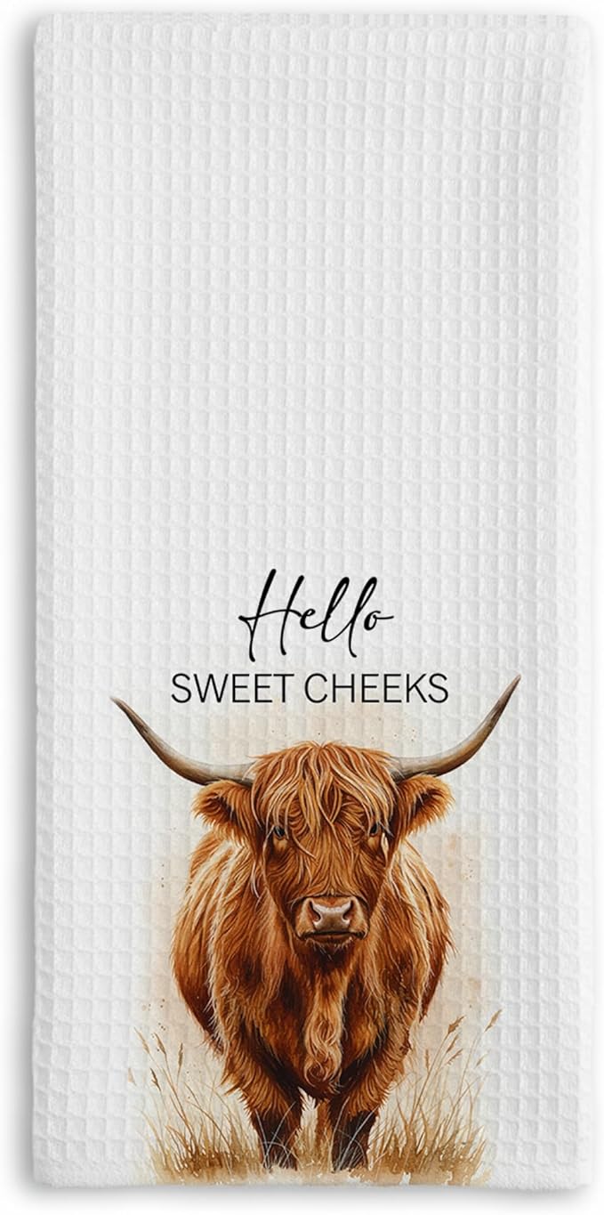 Highland Cow Farmhouse Hand Towels for Bathroom Kitchen Decor | Waffle Weave Microfiber Dish Towel Set | Hello Sweet Cheeks Farmhouse Cow Decorative - A01