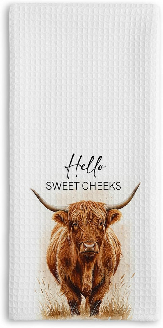 Highland Cow Farmhouse Hand Towels for Bathroom Kitchen Decor | Waffle Weave Microfiber Dish Towel Set | Hello Sweet Cheeks Farmhouse Cow Decorative - A01