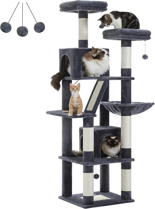 PAWZ Road Large Cat Tower, 70 Inches Tall Cat Tree with 2 Cozy Condos, 2 Plush Perch, Large Basket, 2 Scraching Pad & 6 Scraching Posts for Indoor Cats Adult, Dark Gray