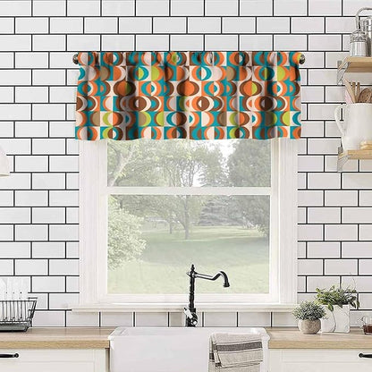 Retro Mid Century Valance Curtains, Colorful 50S 60S 70S Style Vintage Boho Abstract Geometric Circles Window Curtain Valance for Bedroom Living Room Kitchen 54x18inch