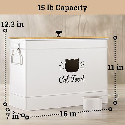 Cat Food Storage Container with Scoop - 15 lb (50 Cup) Capacity Metal Cat Food Container with Airtight Bamboo Lid & Metal Scoop - Airtight Pet Food Storage Containers - 15 lb Treats & Kibble Container