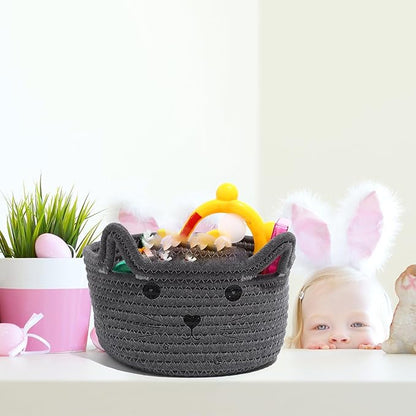 Zopeal Cat Basket Storage Woven Organizer with Ears Easter Decorative Pet Toy Cute Cotton Rope Basket for Gift Cat Dog Toy Bin Nursery Room(8.3 x 4.7 Inch,Gray)