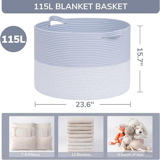 INDRESSME 115L Extra Large Rope Basket, Organizing Storage for Nursery Living Room Home Décor., Decorative Woven Laundry Basket, Towel, Gift Baskets, Blue