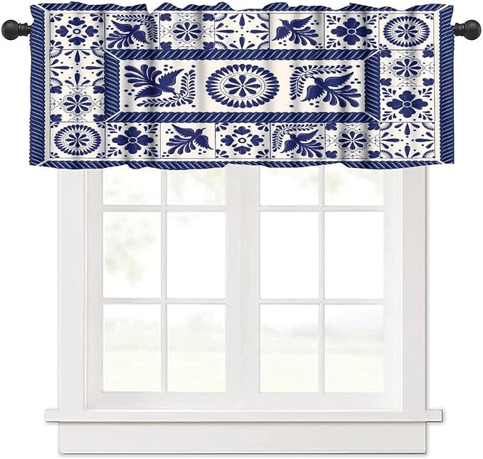 Mexico Valance Curtains Mexican Traditional Talavera Style Tiles Floral Pattern Window Treatment Valances Short Curtains Rod Pocket Drape for Dining Room Home Kitchen Decor, 54x18inch