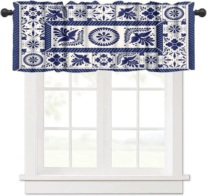 Mexico Valance Curtains Mexican Traditional Talavera Style Tiles Floral Pattern Window Treatment Valances Short Curtains Rod Pocket Drape for Dining Room Home Kitchen Decor, 54x18inch