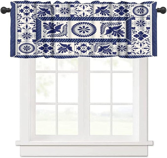 Mexico Valance Curtains Mexican Traditional Talavera Style Tiles Floral Pattern Window Treatment Valances Short Curtains Rod Pocket Drape for Dining Room Home Kitchen Decor, 54x18inch