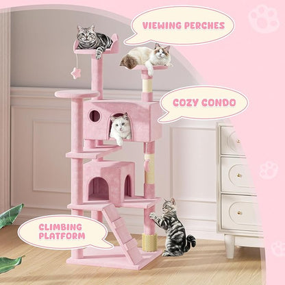 Magshion Cat Tree 60" Cats Tower for Indoor Cats, Multi-Level Cat Condo with Scratching Post, Top Perch, Sisal Board and Dangling Ball, Cat Stand Jumping Platform Kittens Pet Play House (Pink)