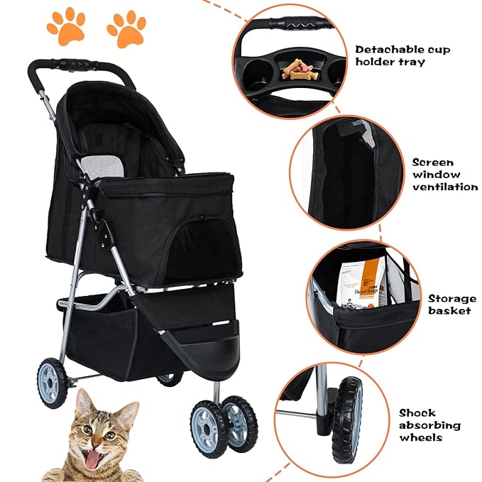 Dog Stroller for Small Dogs,Pet Stroller Strolling Cart Folding Pet Gear Lightweight Waterproof with Storage Basket for Puppy Small Medium Dogs Cats for Travel,Black
