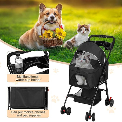 4 Wheels Pet Stroller,Dog and Cat Foldable Strollers, Removable Carrier, Breathable Mesh Canopy, Storage Basket and Cup Holder, Lightweight Travel Carrier, Pet Carrying Cart for Walks Outings Shoppin