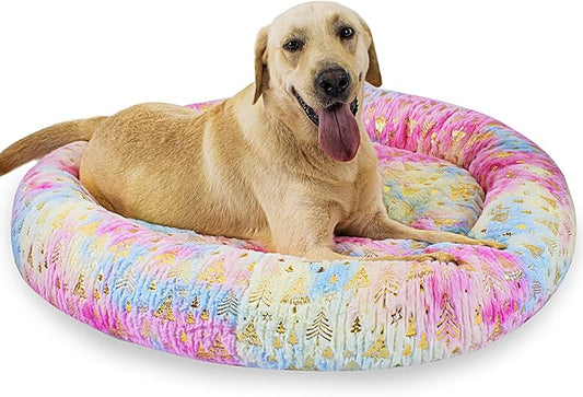 39 Inch Christmas Tree Calming Dog Bed for Large Dogs, Round Anti-Anxiety Warm Bed, Soft Cozy Anti-Slip Donut Washable Pet Bed, Fits up to 100 lbs Pets