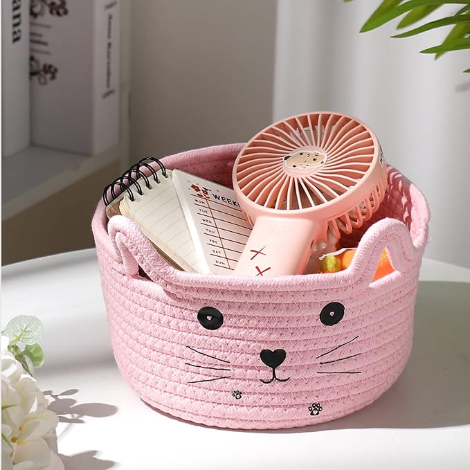 Zopeal Cat Basket Storage Woven Organizer with Ears Easter Decorative Pet Toy Cute Cotton Rope Basket for Gift Cat Dog Toy Bin Nursery Room(8.3 x 4.7 Inch,Pink)