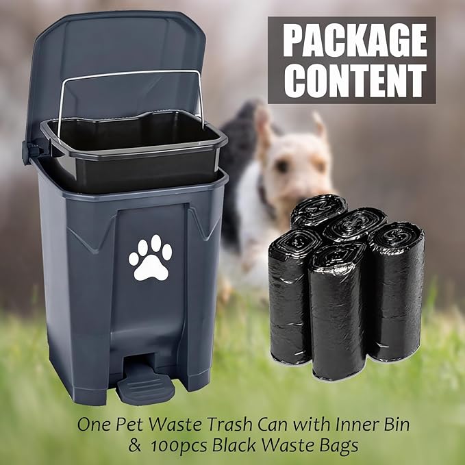tebiete Dog Poop Trash Can Outdoors Pet Waste Station with Lid Dog Waste Disposal Container with Removable Inner Bin Bucket Hands-Free Pedal Garden Yard Home with 5Rolls Waste Bags, Grey