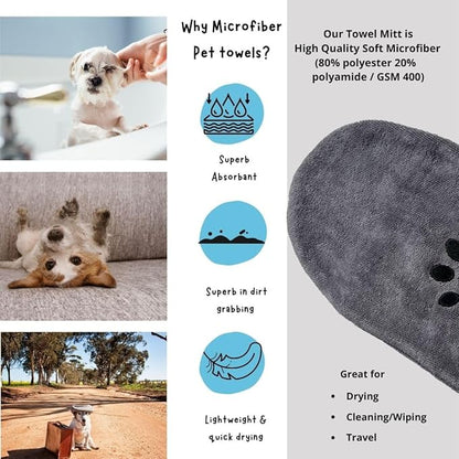 Penny & Niko Microfiber Pet Towel Mitts - Paw Cleaning and Drying Mitts/Gloves for Dogs and Cats (Gray, Large - 2 Pack)