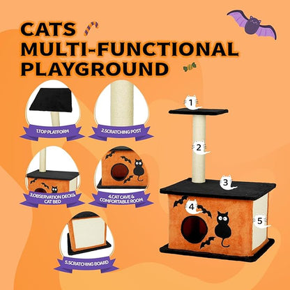VINGLI 43.4in Halloween Cat Tree Tower, Indoor Gothic Cat House with Sisal-Covered Scratching Posts & Platforms & Cat House Caves Box with Gesture, Black & Orange