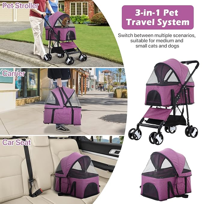 Dog Strollers Pet Cat Stroller 3-in-1 Detachable Doggy Stroller 4 Wheel Dog Travel Cart for Small Medium Dogs Folding Cat Walker Wagons for Dogs Trolley for Doggie Rabbit Puppy Strollers, Purple