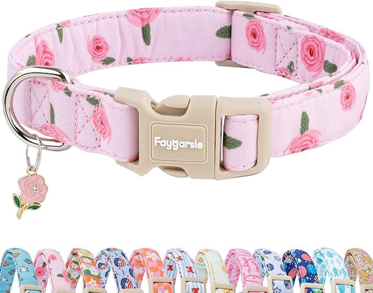 Faygarsle Pink Floral Dog Collar with Roses Pattern, Spring Summer Design for Small Medium Large Dogs S